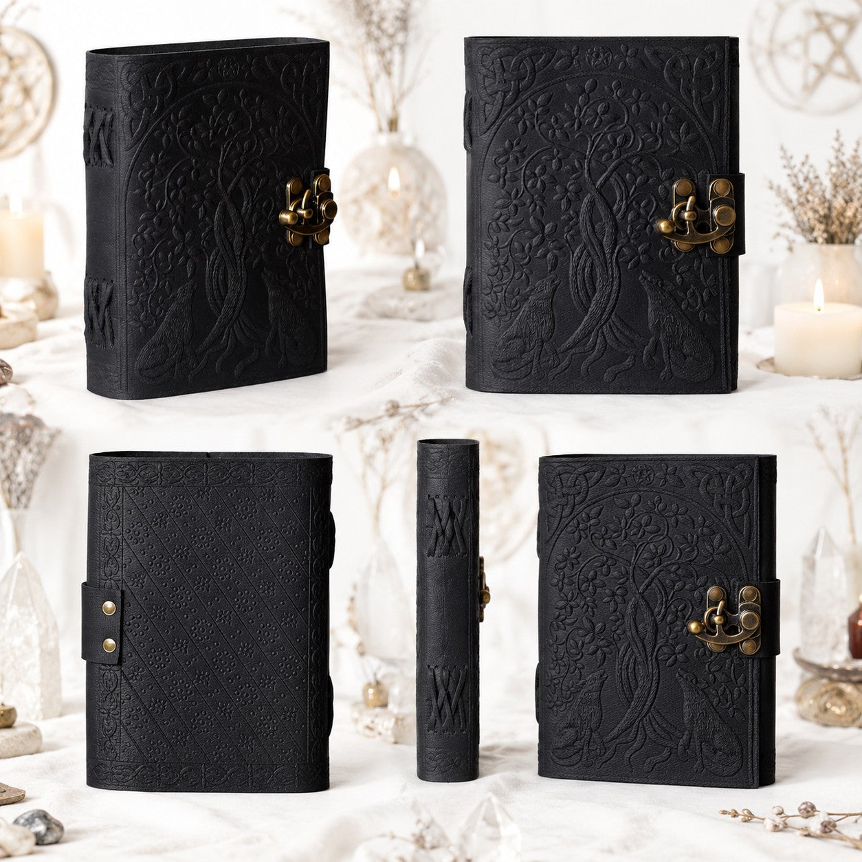 Wolf Tree Leather Journal – Antique Witch Grimoire Sketchbook with Lock – leather journal, close-up cover detail