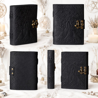 Wolf Tree Leather Journal – Antique Witch Grimoire Sketchbook with Lock – leather journal, close-up cover detail