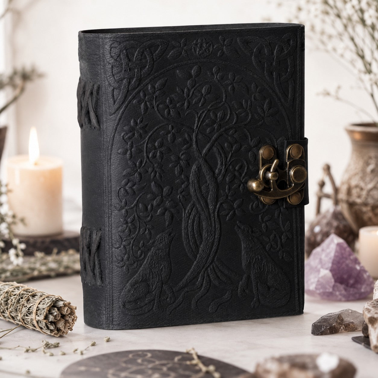 Wolf Tree Leather Journal – Antique Witch Grimoire Sketchbook with Lock – leather journal, front cover view