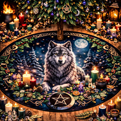Gothic dark wolf velvet Christmas tree skirt with celestial forest, full moon, pentacle, and Yule decor.