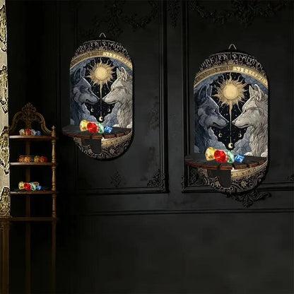 Wolves Guarding Sun And Moon Wall Shelf for Crystals & Candles – Wooden Floating Shelf Mystical Altar Decor-MoonChildWorld