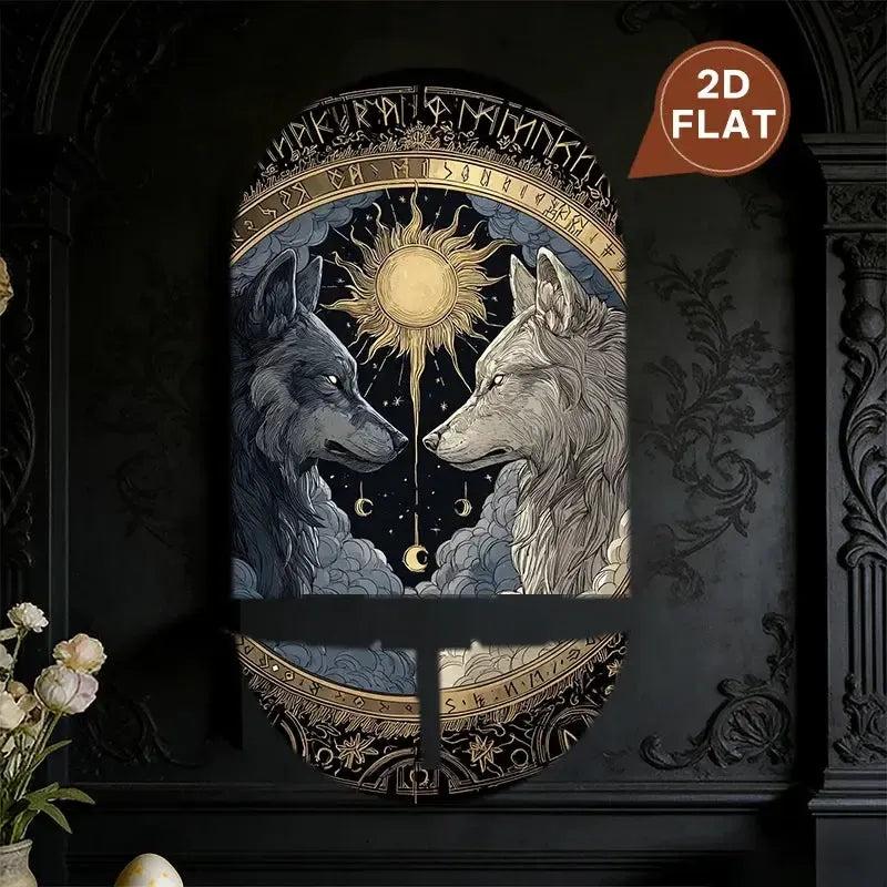 Wolves Guarding Sun And Moon Wall Shelf for Crystals & Candles – Wooden Floating Shelf Mystical Altar Decor-MoonChildWorld