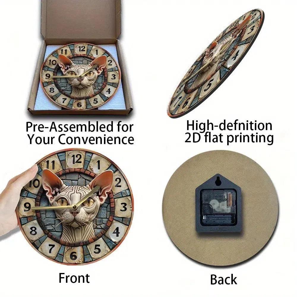 Wooden Wall Clock with Sphynx Cat Design - Cat Wall Clock-MoonChildWorld