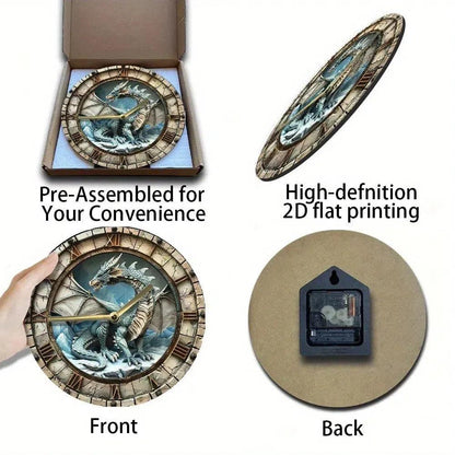 Wooden wall clock with a dragon - Mythical Dragon Wall Clock-MoonChildWorld