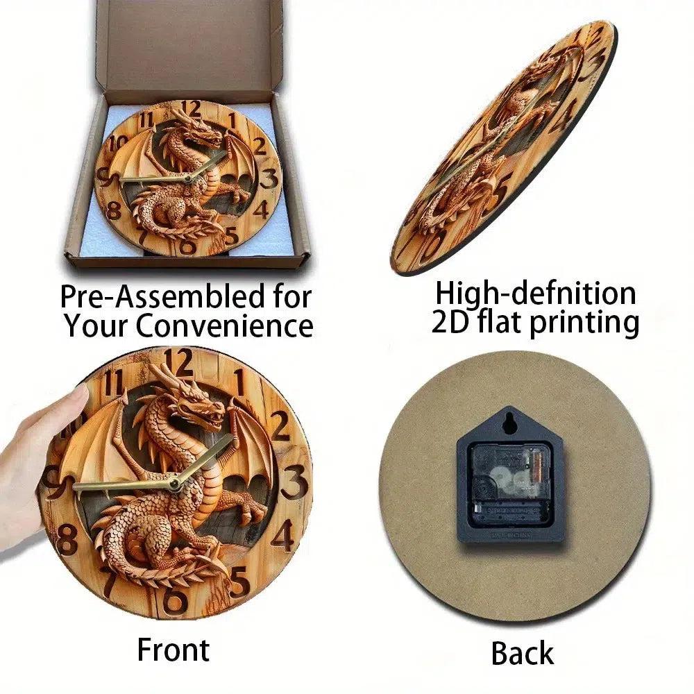 Wooden wall clock with a dragon - Mythical Dragon Wall Clock-MoonChildWorld