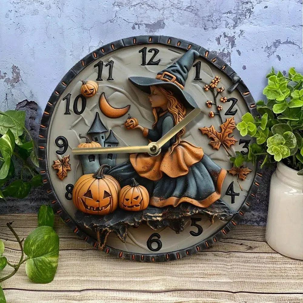 Wooden wall clock with a witch and pumpkin for Halloween decor - Witch Wall Clock-MoonChildWorld