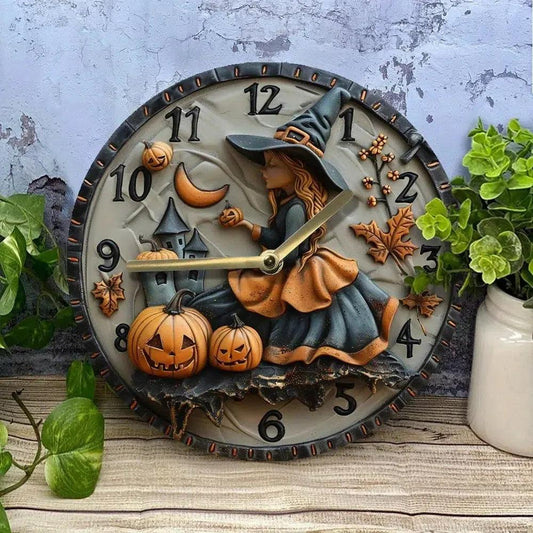 Wooden wall clock with a witch and pumpkin for Halloween decor - Witch Wall Clock-MoonChildWorld