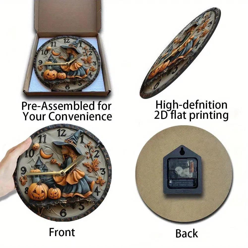 Wooden wall clock with a witch and pumpkin for Halloween decor - Witch Wall Clock-MoonChildWorld