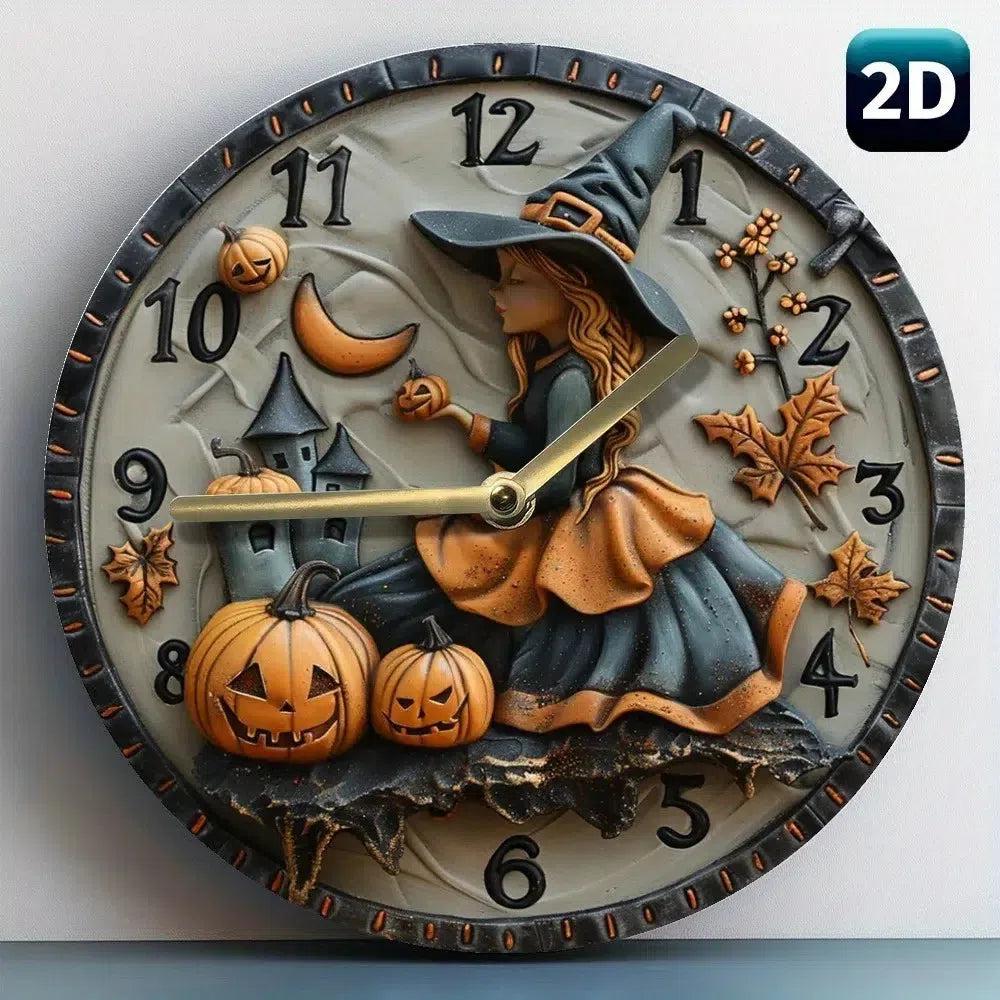 Wooden wall clock with a witch and pumpkin for Halloween decor - Witch Wall Clock-MoonChildWorld