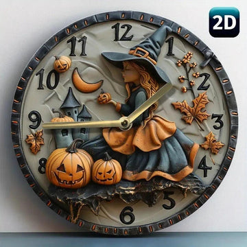 Wooden wall clock with a witch and pumpkin for Halloween decor - Witch Wall Clock-MoonChildWorld