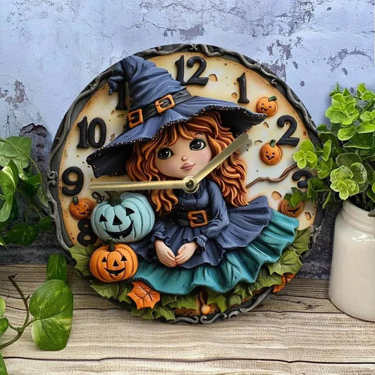 Wooden wall clock with a witch and pumpkin for Halloween decor - Witchy Wall Clock-MoonChildWorld