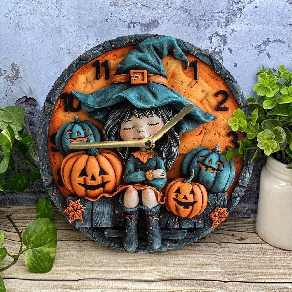Wooden wall clock with a witch and pumpkin for Halloween decor - Witchy Wall Clock-MoonChildWorld