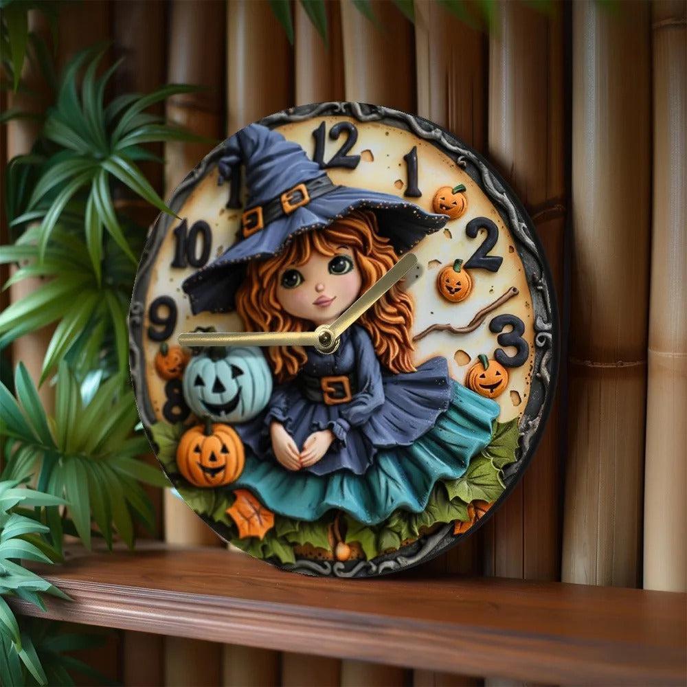 Wooden wall clock with a witch and pumpkin for Halloween decor - Witchy Wall Clock-MoonChildWorld