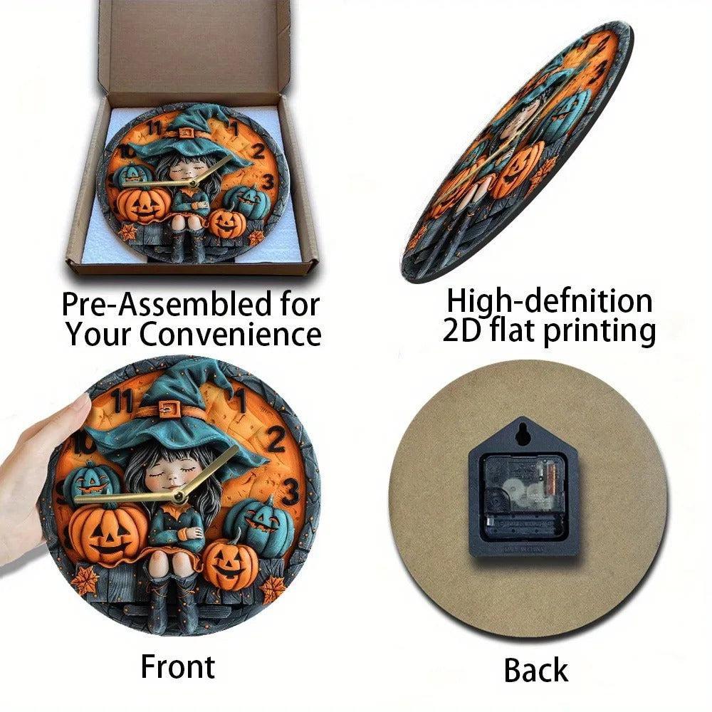 Wooden wall clock with a witch and pumpkin for Halloween decor - Witchy Wall Clock-MoonChildWorld