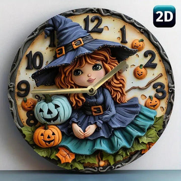 Wooden wall clock with a witch and pumpkin for Halloween decor - Witchy Wall Clock-MoonChildWorld