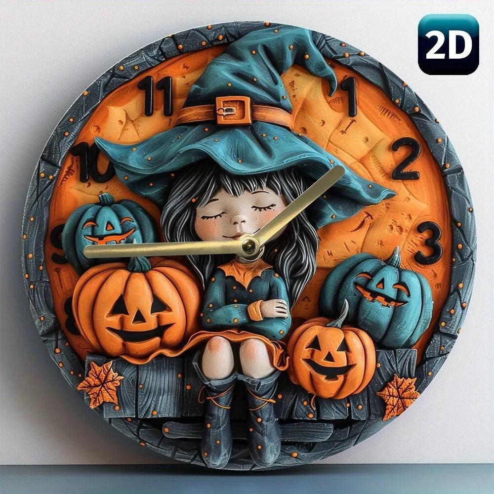 Wooden wall clock with a witch and pumpkin for Halloween decor - Witchy Wall Clock-MoonChildWorld