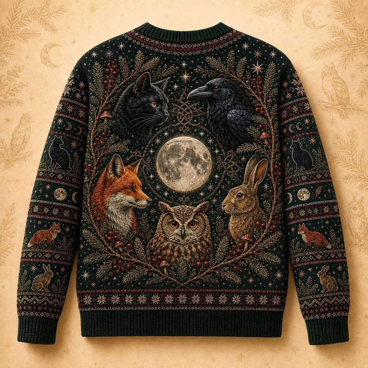 Woodland Familiar Sweater Fox Owl Hare Raven Full Moon Knit back view