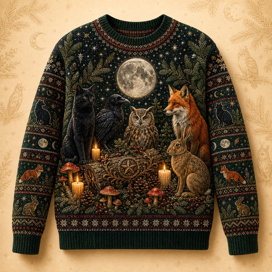 Woodland Familiar Sweater Fox Owl Hare Raven Full Moon Knit front view