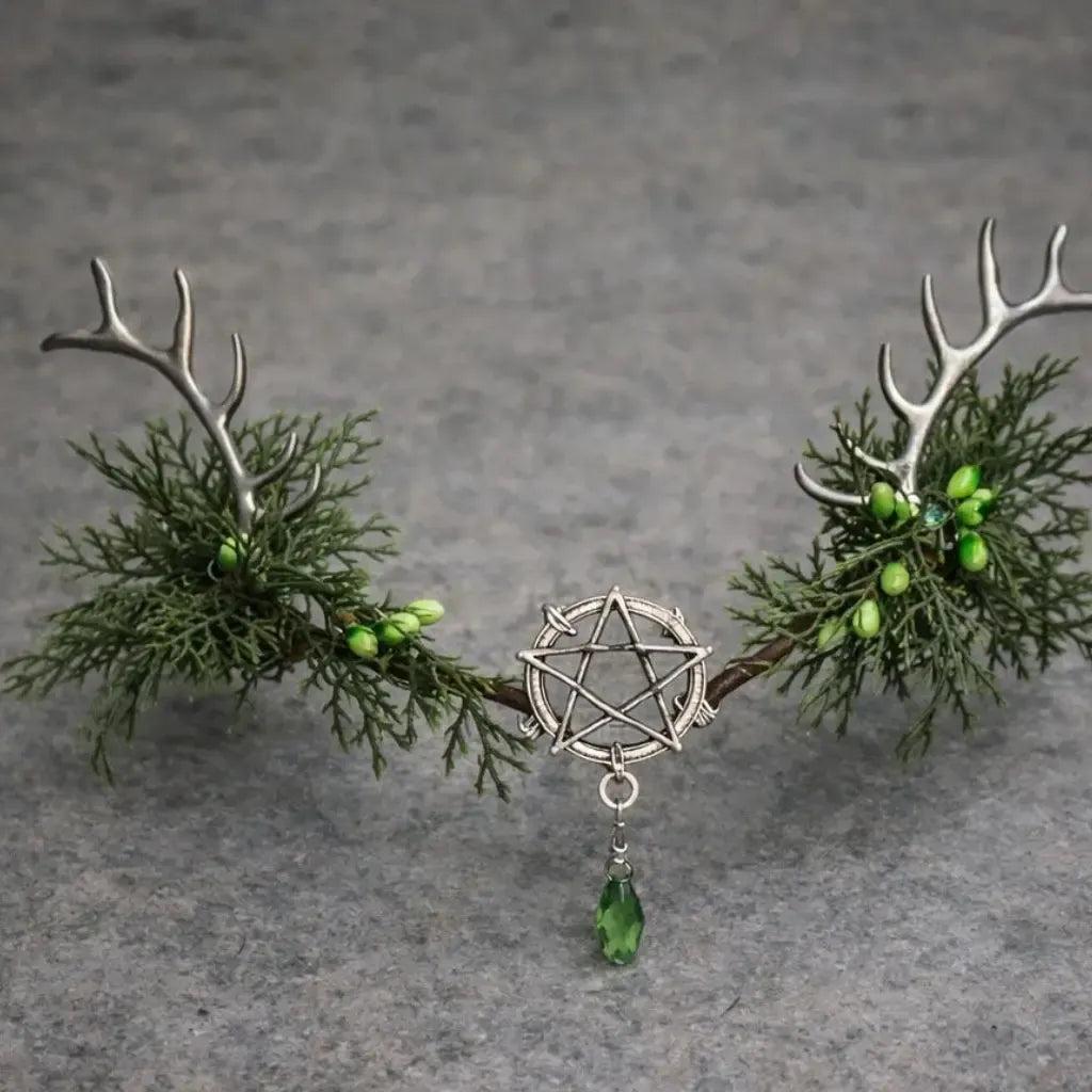 Woodland Antler Headpiece Elf Crown Green Gem Fairy Tiara Forest Goddess Headdress Renaissance Pagan Hair Accessories-MoonChildWorld