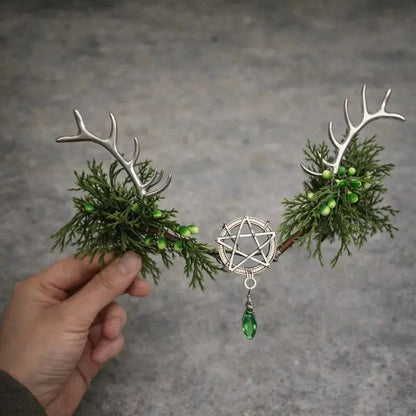 Woodland Antler Headpiece Elf Crown Green Gem Fairy Tiara Forest Goddess Headdress Renaissance Pagan Hair Accessories-MoonChildWorld