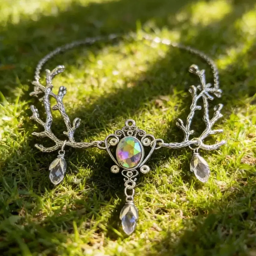 Vintage woodland forest branch twig crystal drop choker necklace – forest witch Wiccan jewelry