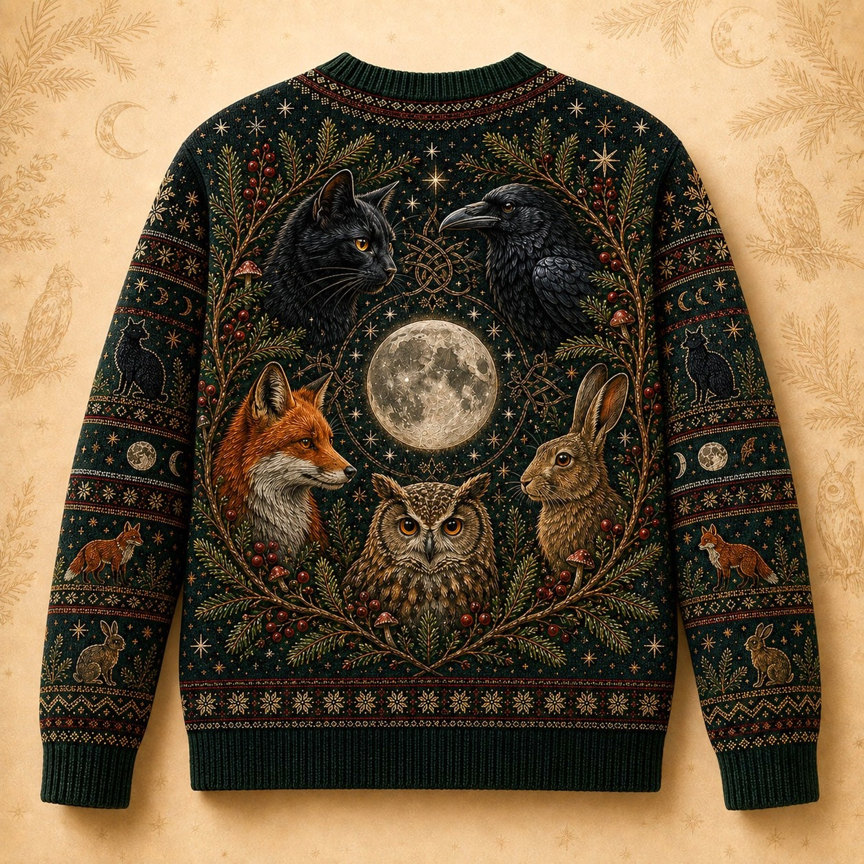 Woodland Familiar Sweater Fox Owl Hare Raven Full Moon Knit back view