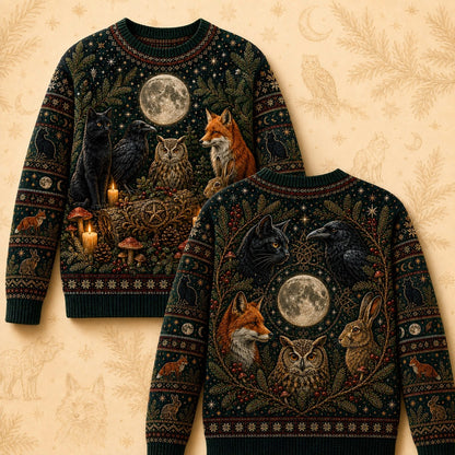 Woodland Familiar Sweater Fox Owl Hare Raven Full Moon Knit front and back together