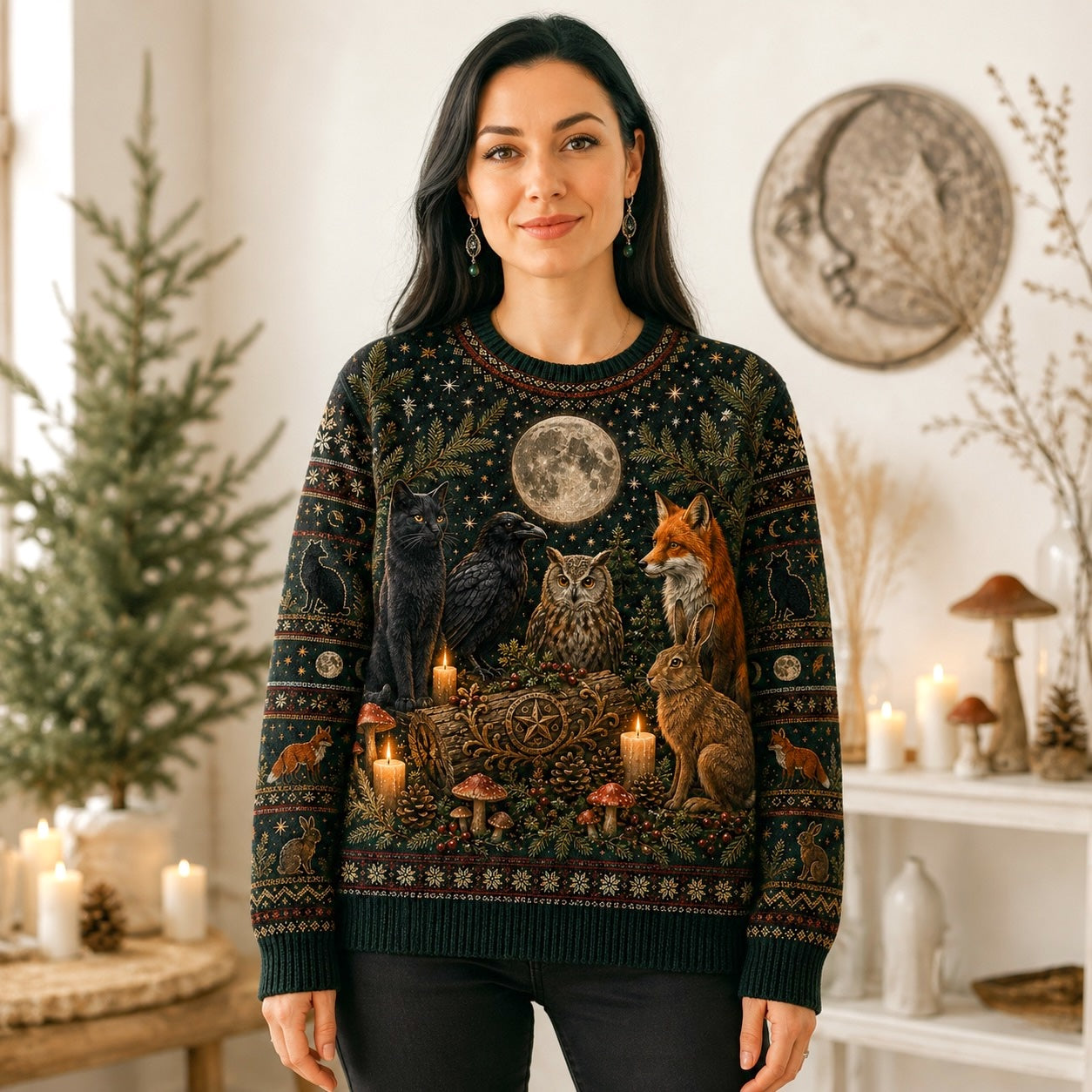 Woodland Familiar Sweater Fox Owl Hare Raven Full Moon Knit worn, front view