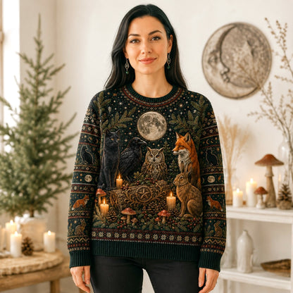 Woodland Familiar Sweater Fox Owl Hare Raven Full Moon Knit worn, front view