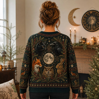 Woodland Familiar Sweater Fox Owl Hare Raven Full Moon Knit worn, back view