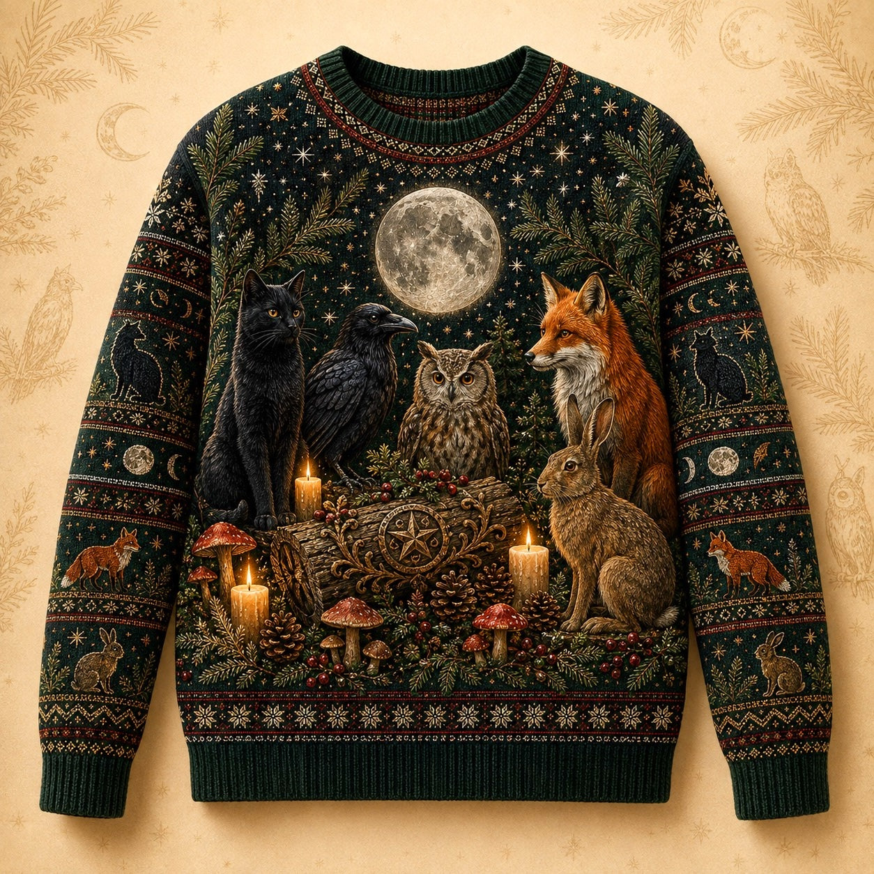 Woodland Familiar Sweater Fox Owl Hare Raven Full Moon Knit front view