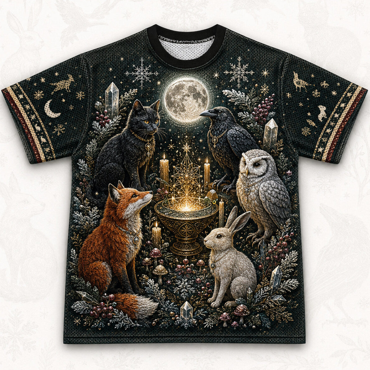 Fox Owl Hare T-Shirt Full Moon Woodland Familiar Winter Tee front view