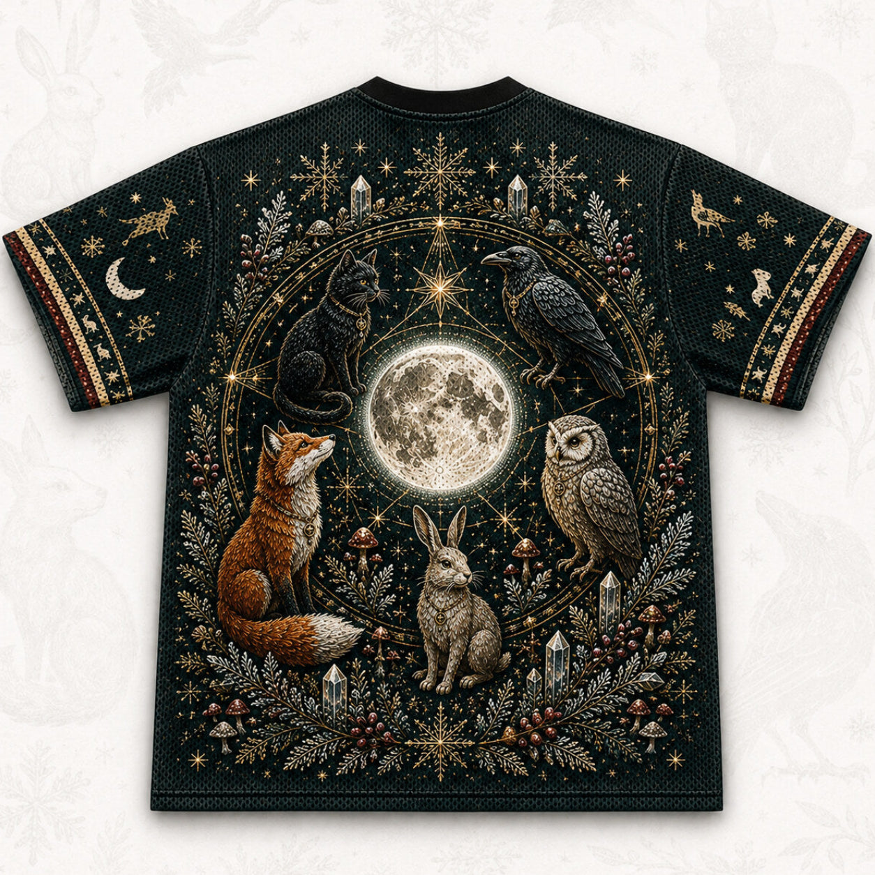 Fox Owl Hare T-Shirt Full Moon Woodland Familiar Winter Tee back view