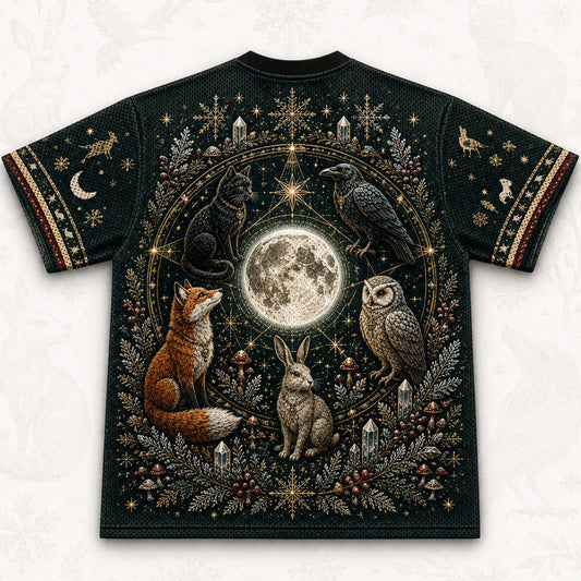 Fox Owl Hare T-Shirt Full Moon Woodland Familiar Winter Tee back view