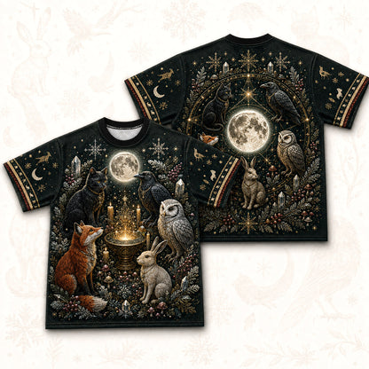 Fox Owl Hare T-Shirt Full Moon Woodland Familiar Winter Tee front and back together