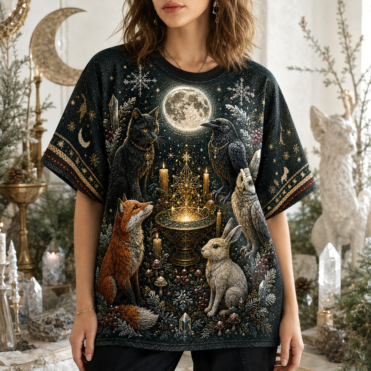 Fox Owl Hare T-Shirt Full Moon Woodland Familiar Winter Tee worn, front view
