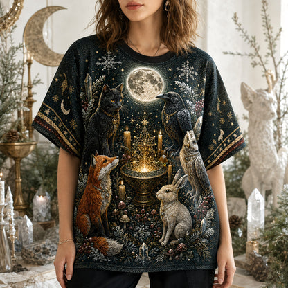 Fox Owl Hare T-Shirt Full Moon Woodland Familiar Winter Tee worn, front view