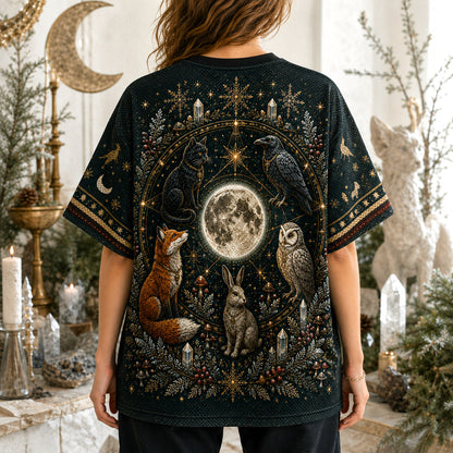 Fox Owl Hare T-Shirt Full Moon Woodland Familiar Winter Tee worn, back view