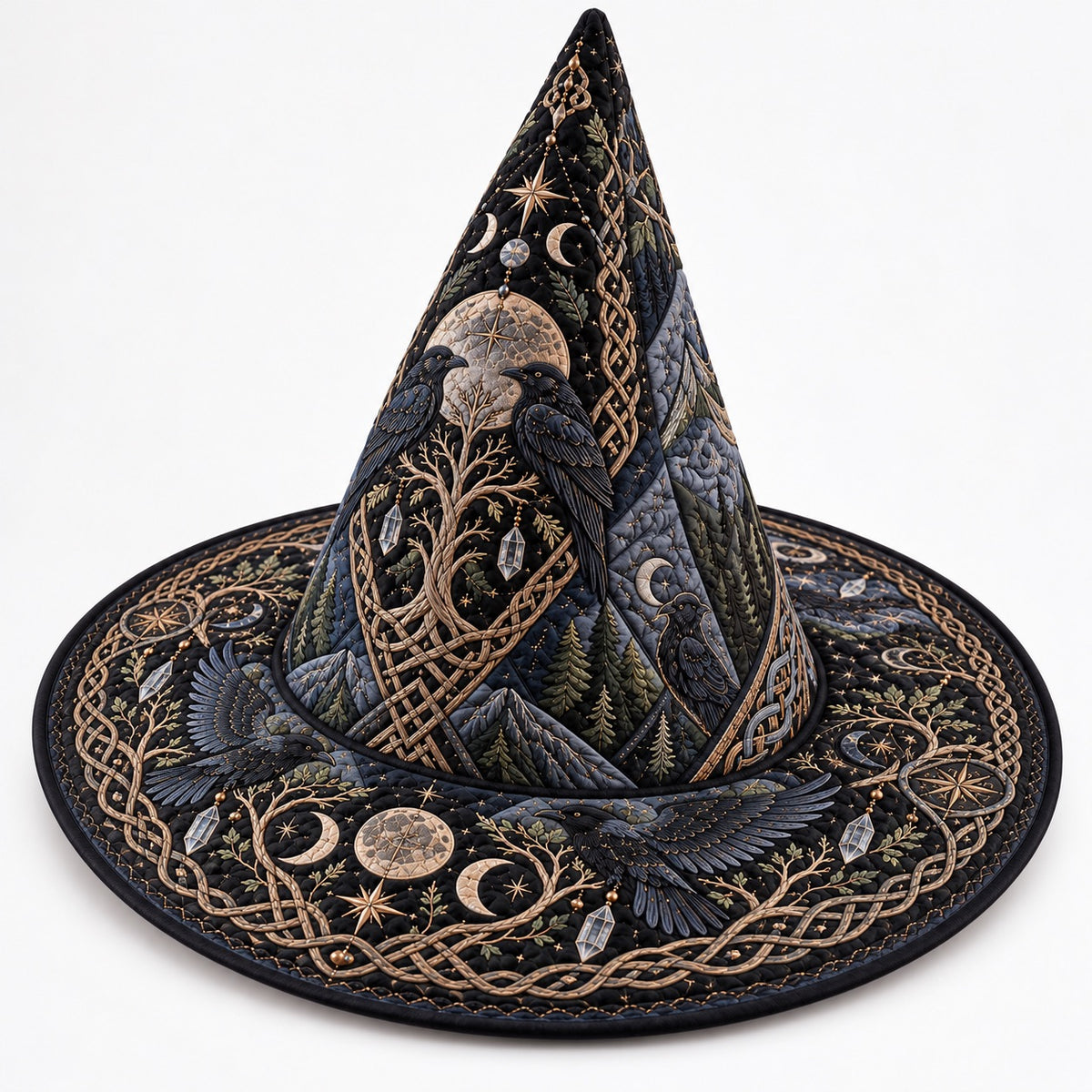 World Tree Raven Quilted Witch Hat – Triple Moon Pagan Brim Hat – studio shot on a white background