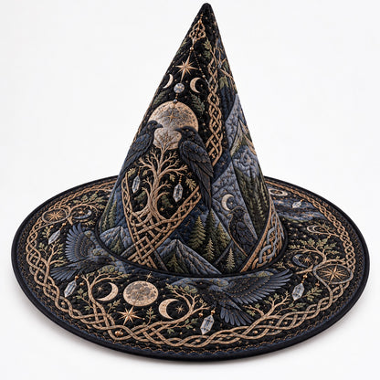 World Tree Raven Quilted Witch Hat – Triple Moon Pagan Brim Hat – studio shot on a white background