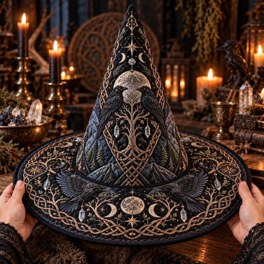 World Tree Raven Quilted Witch Hat – Triple Moon Pagan Brim Hat – held in both hands