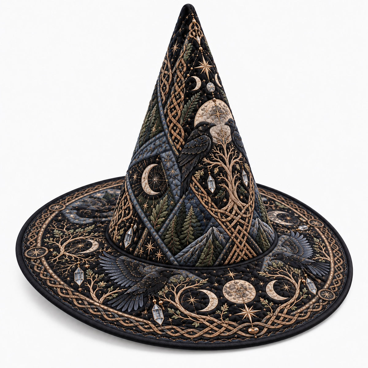 World Tree Raven Quilted Witch Hat – Triple Moon Pagan Brim Hat – studio shot on a white background