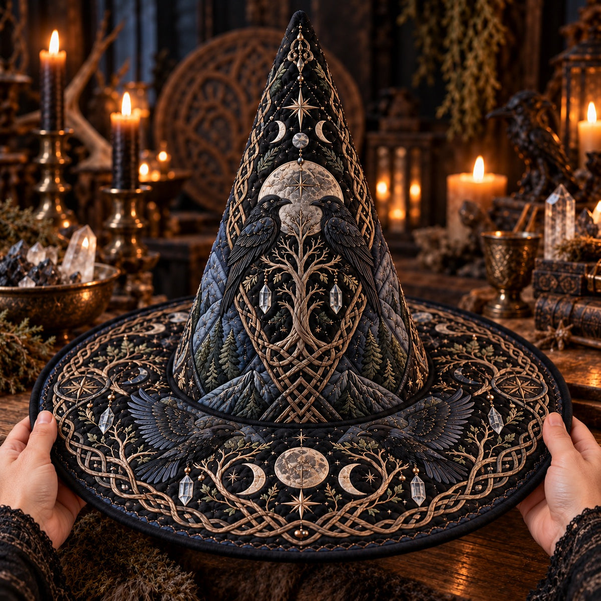 World Tree Raven Quilted Witch Hat – Triple Moon Pagan Brim Hat – held in both hands