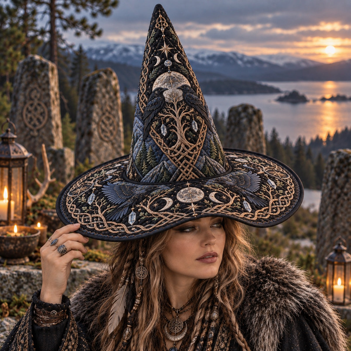 World Tree Raven Quilted Witch Hat – Triple Moon Pagan Brim Hat – worn by a model