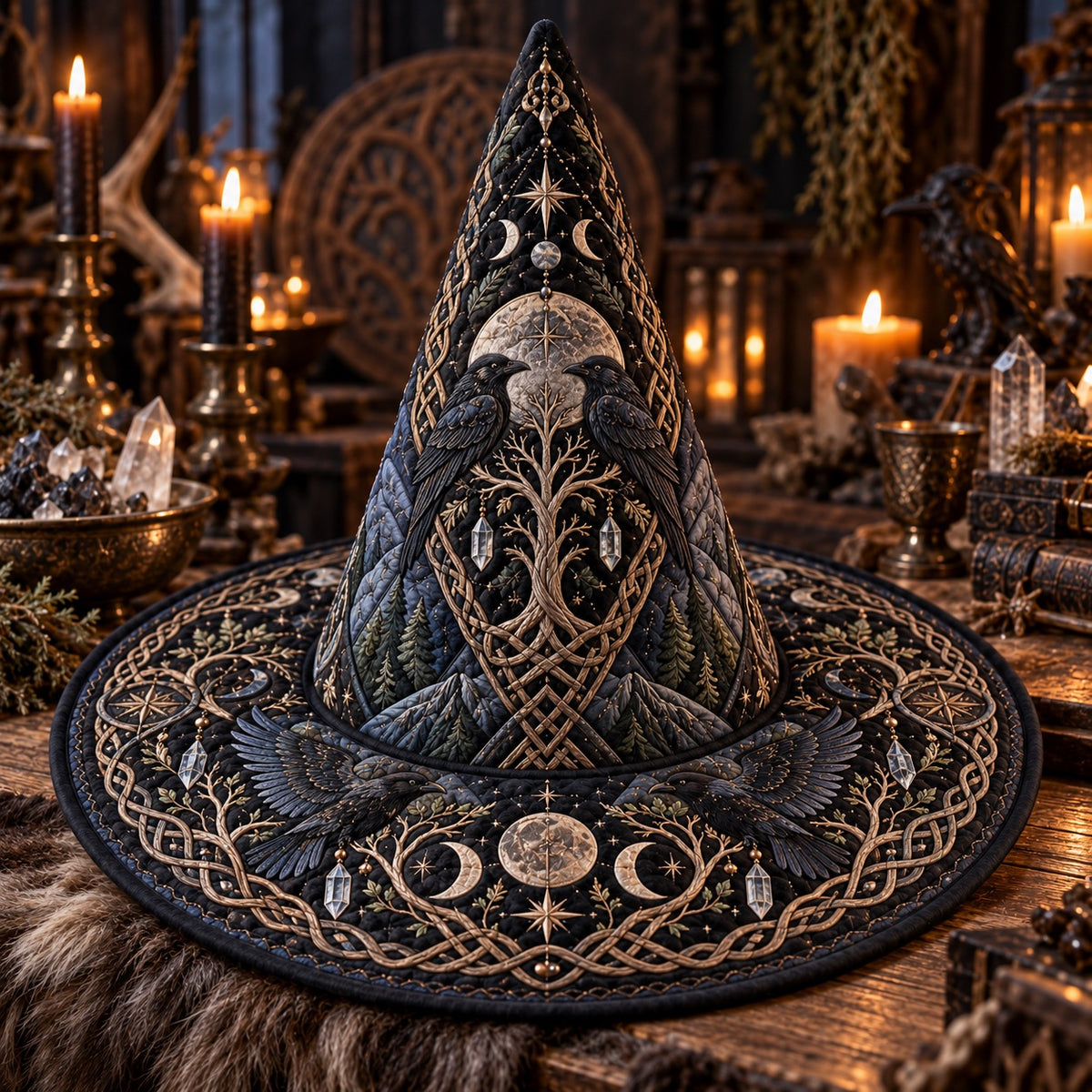 World Tree Raven Quilted Witch Hat – Triple Moon Pagan Brim Hat – styled with candles and crystals