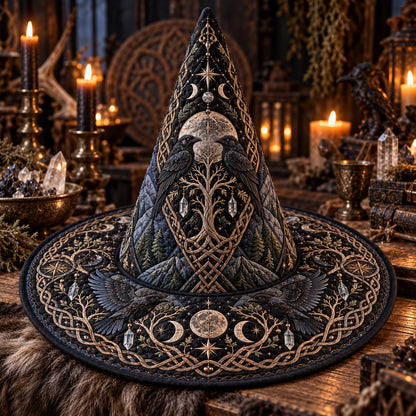 World Tree Raven Quilted Witch Hat – Triple Moon Pagan Brim Hat – styled with candles and crystals