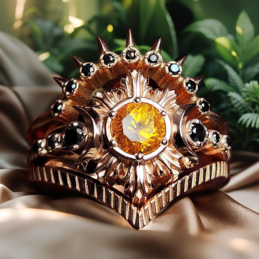 Yellow Crystal Triple Moon Wicca Ring Pagan Jewelry-MoonChildWorld