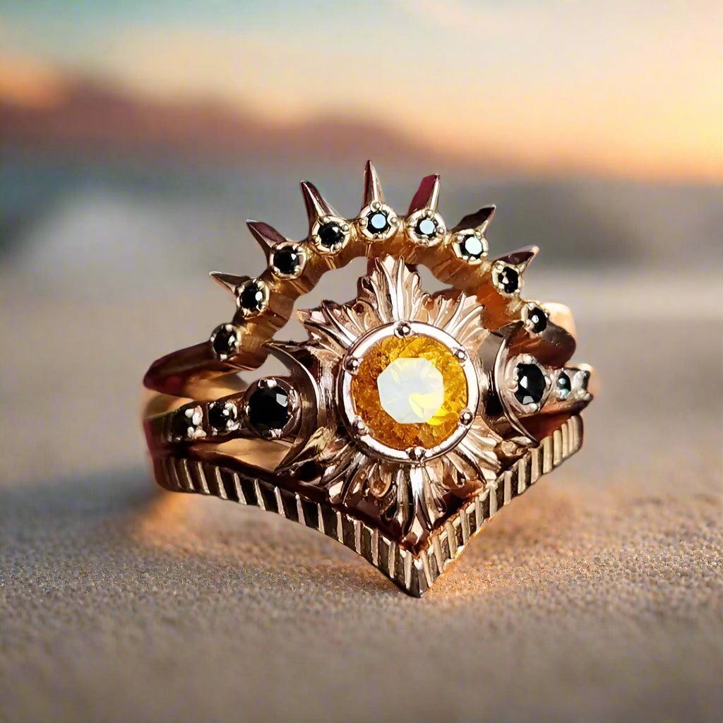 Yellow Crystal Triple Moon Wicca Ring Pagan Jewelry-MoonChildWorld