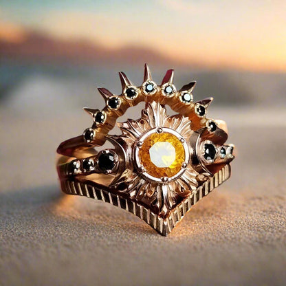 Yellow Crystal Triple Moon Wicca Ring Pagan Jewelry-MoonChildWorld