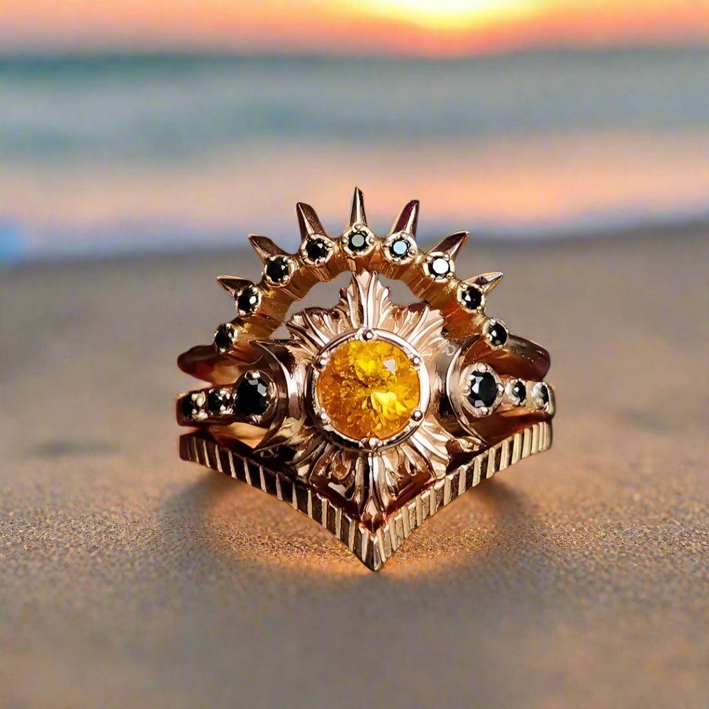 Yellow Crystal Triple Moon Wicca Ring Pagan Jewelry-MoonChildWorld